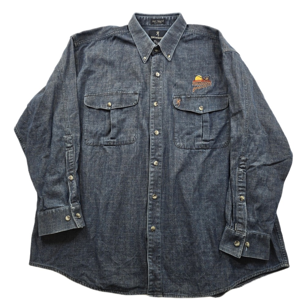 Browning Denim Shirt Mens 2XL Blue Jean Heavy Pheasants Super Naturals VTG